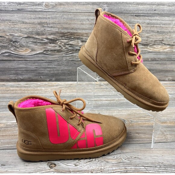 UGG Ultra Mini Chopd Chestnut Taffy Suede UGG Logo Boots Pink Spell-Out Size 6 - Picture 1 of 14